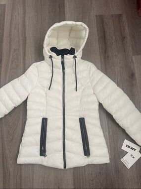 DKNY White Quilted Hooded Puffer Jacket with Black Trim